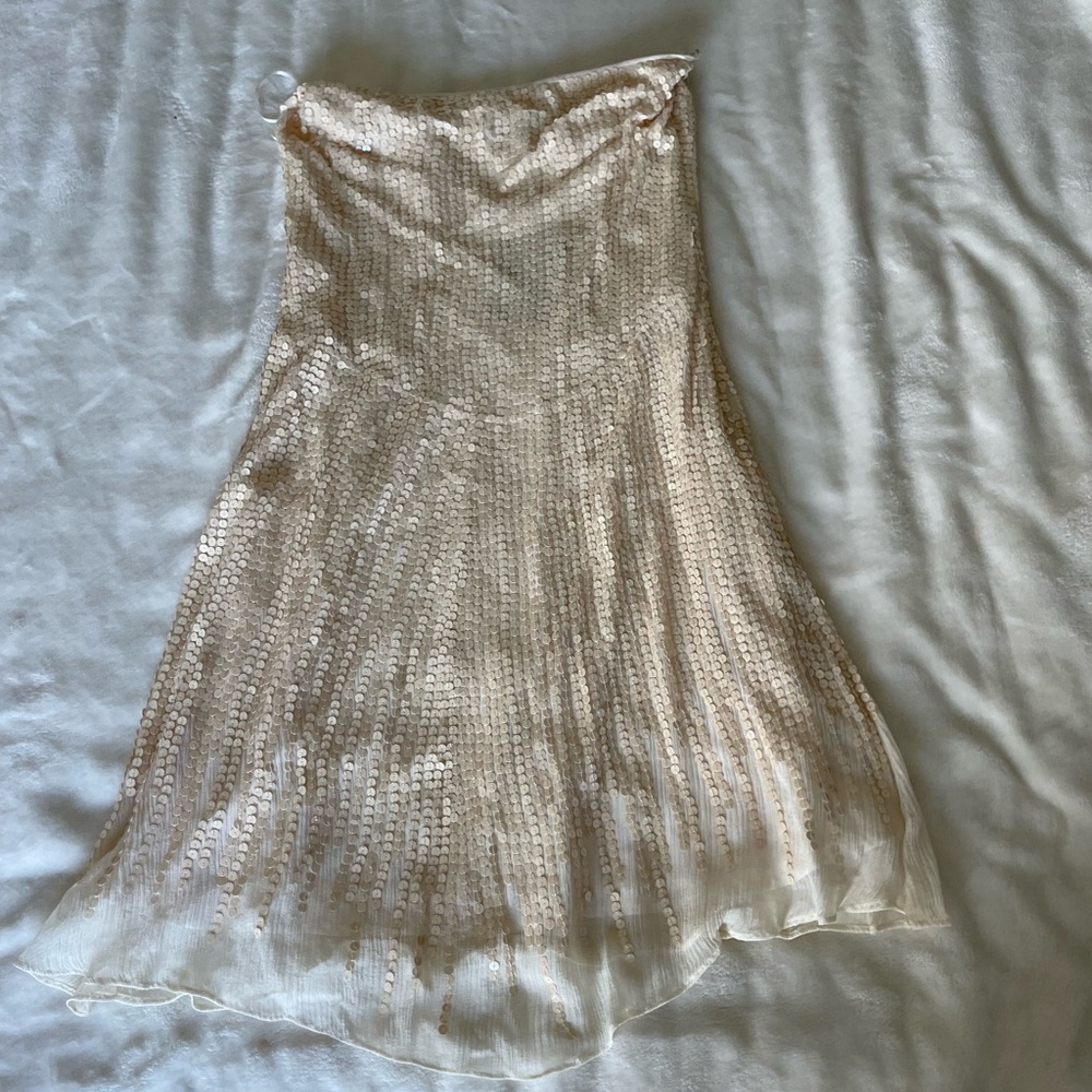 Tocca Champagne Silk Strapless Cream Sequin Dress